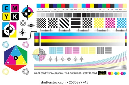 Set illustration of CMYK Print Test Calibration Chart for CTP Printing.