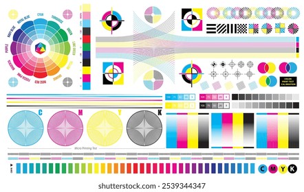 Set-Illustration von CMYK-Drucktest-Kalibrationsdiagramm für CTP-Druck, mit Mikrodrucktest.