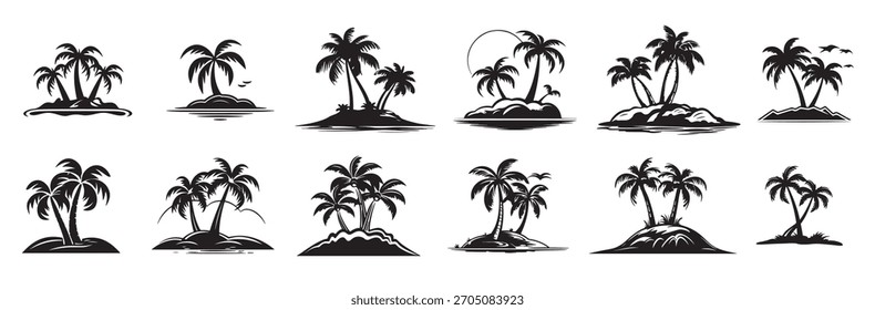Conjunto de ilustración de árbol de coco en las islas.