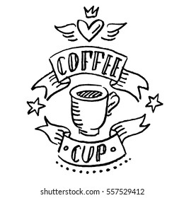 Set illustration with coffee cup, chalkboard, lettering, heart and ribbons
