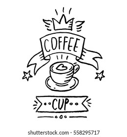 Set illustration with coffee cup, crown and lettering