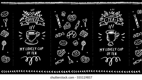 Set illustration with coffee cup, tea cup, lettering, bakery and vignette