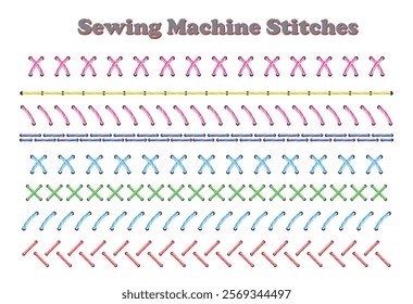 Set illustration of colorful chart showcasing various sewing machine stitches in different patterns and colors, including zigzag, straight, and decorative designs. Ideal for sewing enthusiasts