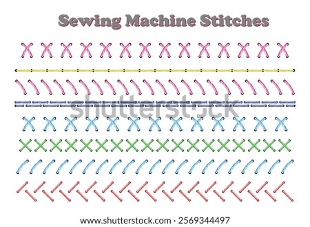 Set illustration of colorful chart showcasing various sewing machine stitches in different patterns and colors, including zigzag, straight, and decorative designs. Ideal for sewing enthusiasts