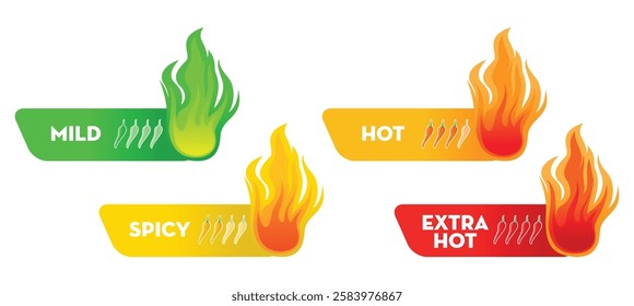 Set illustration of colorful spiciness level chart visually representing four heat levels—Mild, Spicy, Hot, and Extra Hot—using chili pepper icons and flames. Each level is distinguished by different