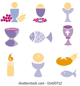 Set of Illustration of a communion depicting traditional Christian symbols including candle (light), chalice, grapes (wine), ear, cross and bread