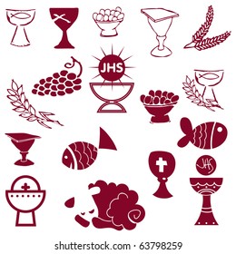 Set of Illustration of a communion depicting traditional Christian symbols including candle (light), chalice, grapes (wine), ear, cross and bread