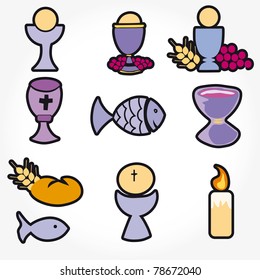 Set of Illustration of a communion depicting traditional Christian symbols including candle (light), chalice, grapes (wine), ear, cross and bread
