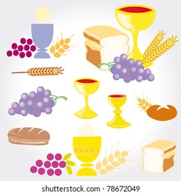 Set of Illustration of a communion depicting traditional Christian symbols including candle (light), chalice, grapes (wine), ear, cross and bread