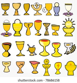 Set of Illustration of a communion depicting traditional Christian symbols including, chalice, grapes (wine)