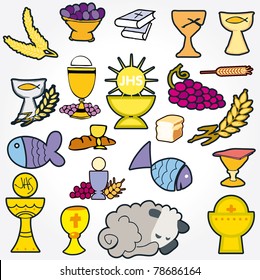 Set of Illustration of a communion depicting traditional Christian symbols including candle (light), chalice, grapes (wine), ear, cross and bread