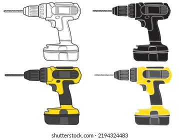 Set of Illustration of a cordless drill on a white background. Repair tool. Vector illustration