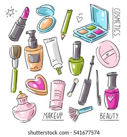 Set illustration with cosmetics and lettering