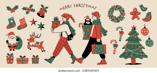 A set illustration of a couple enjoying Christmas shopping and Christmas accessories