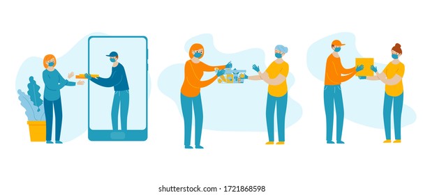 Set Illustration Of Courier In Medical Facial Mask And Gloves Delivering Parcel To Woman During Quarantine. Secure Online Food Order And Package Delivery Service Food Shipping. 