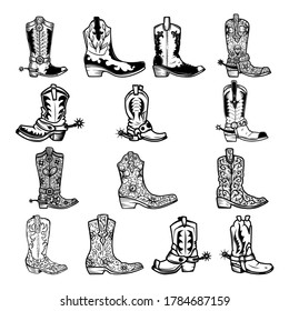 Set of illustration of cowboy boots in vintage monochrome style. Design element for logo, emblem, sign, poster, card, banner. Vector illustration