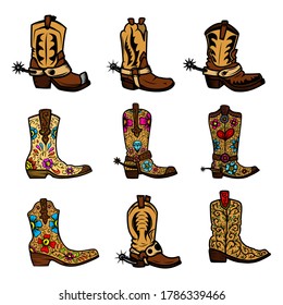 Set of illustration of cowboy boots in vintage monochrome style. Design element for logo, emblem, sign, poster, card, banner. Vector illustration