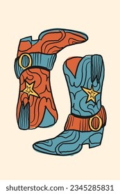 Set of illustration of cowboy boots in vintage style. Design elements for logo, emblem, sign, poster, card, and banner. Vector illustration.