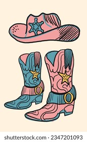 Set of illustration of cowboy boots in vintage style. Design elements for logo, emblem, sign, poster, card, and banner. Vector illustration.