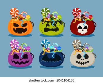 Set of  Illustration Creepy sweets and candies in Halloween candies buckets on blue background. Halloween trick or treat party. pumpkin,franskenstien,ghost,bat and skull bucket.Vector Flat design