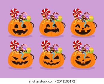 Set of  Illustration Creepy sweets and candies in 6 styles of pumpkin buckets on purple background. Halloween trick or treat party poster. Halloween pumpkin basket  of candies and sweets. Vector Flat 