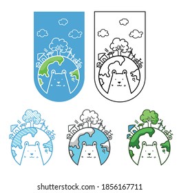 Set of illustration cute Bear with activities and systems to save the world, Global warming icon, Protect Climate change graphic.