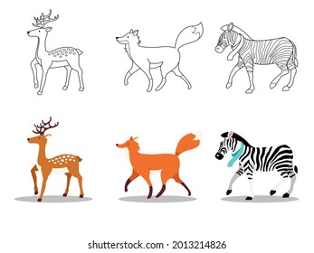 Set of Illustration cute deer fox and zebra, Animal walk cartoon outline, Wildlife character flat design.  