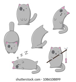 Set of illustration of cute gray cat in various poses. Good for poster web site, banner, sticker, logo, icon.