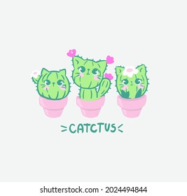 set illustration of cute kittens cactuses in pots .Handmade graphics! You can use this set as a print for clothes, a poster, a sticker or whatever you like!