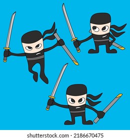 Una ilustración de un lindo personaje ninja con traje y espada negros. Ninja con Katana