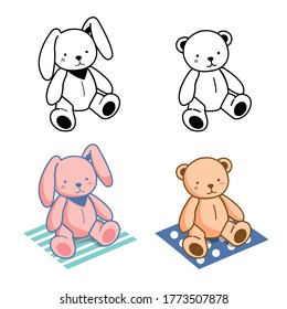 Set of Illustration cute toy rabbit and bear, toy cartoon outline  