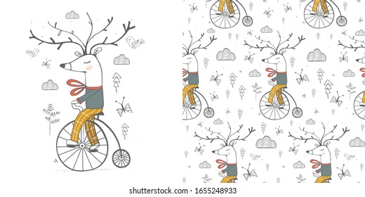 Set of illustration -Deer riding a bicycle with seamless pattern. Hand drawn vector illustration.