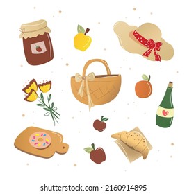set illustration depicting food and items for a summer picnic. set of bright stickers. 
jam, hat, basket, apples, wine, bouquet, donut, croissant, orange