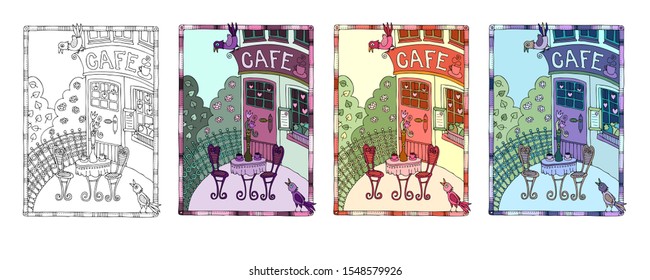 Set of Illustration depicting terrace of café culture in Provence. Hand drawn picture. Sketch for anti-stress adult coloring book. Can be used for postcard, signboard or poster design.