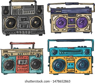 Set illustration with depicting vintage Boombox tape recorders