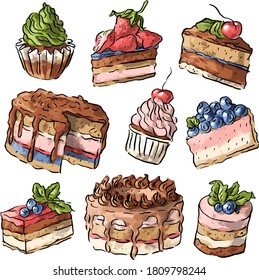 Set illustration with desserts, cake slice, pastries, cake, sweets
