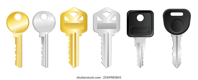 Set illustration of different key designs, including gold, silver, and black keys. The designs showcase modern and traditional styles, suitable for security, locksmith, or access control themes.