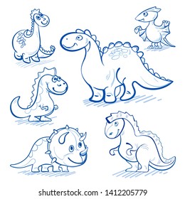 Set  illustration of Dinosaurs cartoon characters. Colorful hand drawn