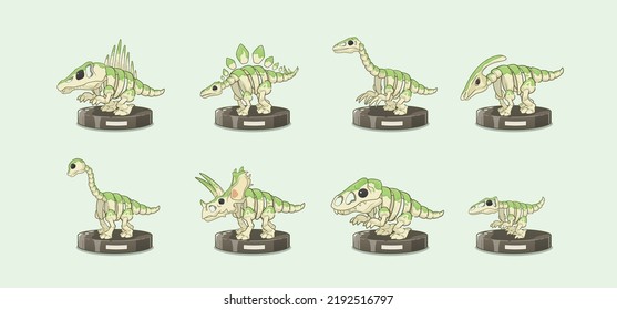 Set illustration of dinosaurs fossil, tyrannosaurus, pentaceratops, parasaurolophus, brachiosaurus, stegosaurus, therizinosaurus, velociraptor