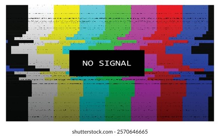 Set illustration of distorted "No Signal" screen with a colorful glitch effect, reminiscent of analog television signal errors. The screen displays the classic test pattern with static and color bars