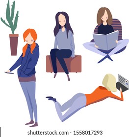 Set of illustration with diverse girls using mobile devices, computers and smartphones. One of them just reads, one sits and dreams. Social network 