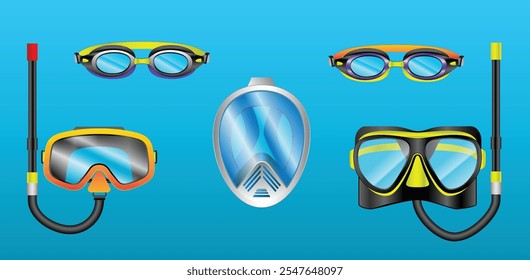 Set illustration of diving and swimming masks and goggles against a blue underwater background. The image includes snorkel masks, full-face diving masks, and swimming goggles, highlighting their sleek