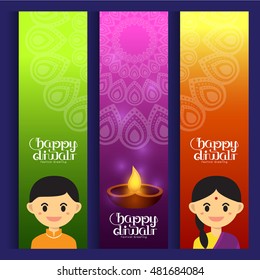 Set of Illustration for Diwali festival with Cute Indian boy and girl
