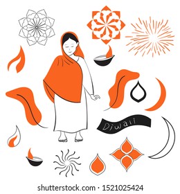 Set illustration of diwali. Flat design vector isolated. Indian festival of lights design vector illustration