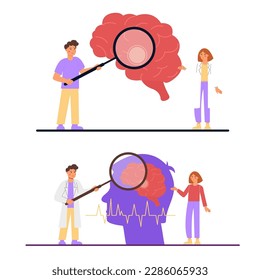 Set of illustration of a doctor and a patient examining a brain stroke in flat style. 