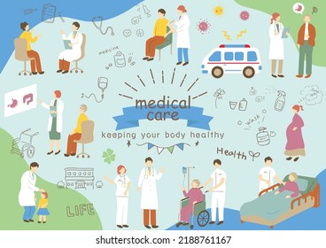 set illustration of doctors and patients
medical care icons