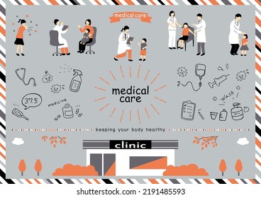 set illustration of doctors and sick children
medical care icons