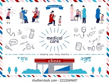 set illustration of doctors and sick children
medical care icons