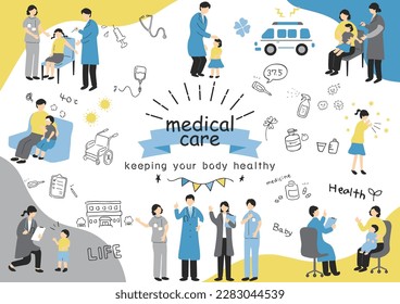 set illustration of doctors and sick children
medical care icons