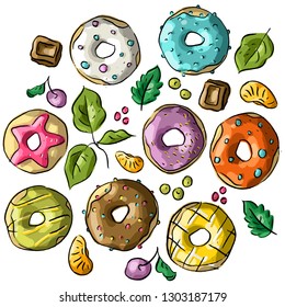 Set illustration with doughnuts, chocolates,  tangerines